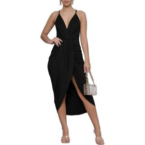 imageLYANER Womens V Neck Ruched Wrap Slit Hem Sleeveless Spaghetti Strap Midi Bodycon DressBlack
