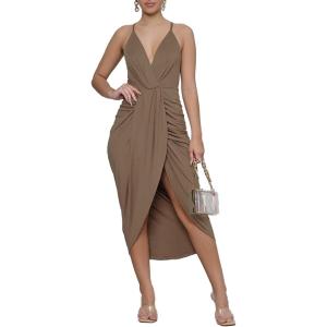 imageLYANER Womens V Neck Ruched Wrap Slit Hem Sleeveless Spaghetti Strap Midi Bodycon DressBrown