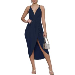 imageLYANER Womens V Neck Ruched Wrap Slit Hem Sleeveless Spaghetti Strap Midi Bodycon DressDark Blue