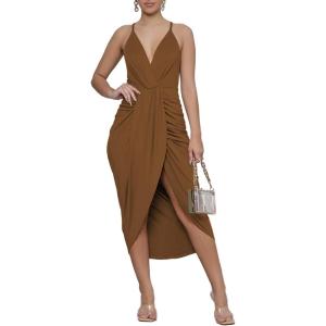 imageLYANER Womens V Neck Ruched Wrap Slit Hem Sleeveless Spaghetti Strap Midi Bodycon DressDark Brown