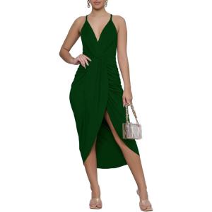 imageLYANER Womens V Neck Ruched Wrap Slit Hem Sleeveless Spaghetti Strap Midi Bodycon DressDark Green