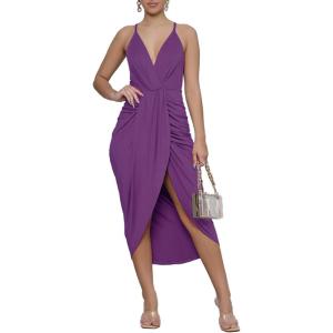 imageLYANER Womens V Neck Ruched Wrap Slit Hem Sleeveless Spaghetti Strap Midi Bodycon DressDark Purple