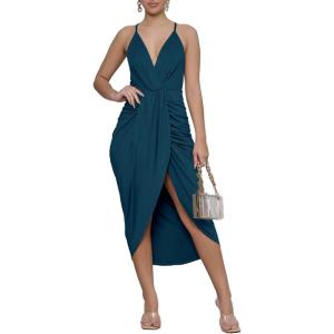 imageLYANER Womens V Neck Ruched Wrap Slit Hem Sleeveless Spaghetti Strap Midi Bodycon DressDark Teal