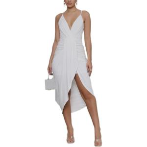 imageLYANER Womens V Neck Ruched Wrap Slit Hem Sleeveless Spaghetti Strap Midi Bodycon DressWhite