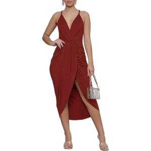 imageLYANER Womens V Neck Ruched Wrap Slit Hem Sleeveless Spaghetti Strap Midi Bodycon DressWine Red