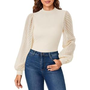 imageLYANER Womens Casual Mesh Sleeve Shirts Elegant Blouse Spring TopsBeige