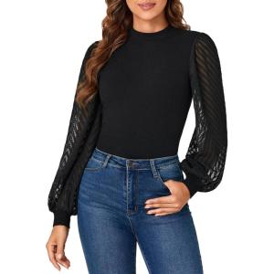 imageLYANER Womens Casual Mesh Sleeve Shirts Elegant Blouse Spring TopsBlack