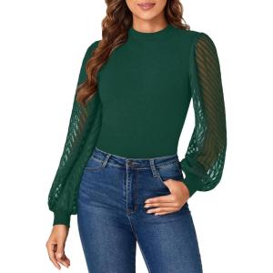 imageLYANER Womens Casual Mesh Sleeve Shirts Elegant Blouse Spring TopsDark Green