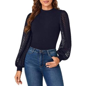 imageLYANER Womens Casual Mesh Sleeve Shirts Elegant Blouse Spring TopsNavy Blue