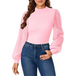 imageLYANER Womens Casual Mesh Sleeve Shirts Elegant Blouse Spring TopsPink