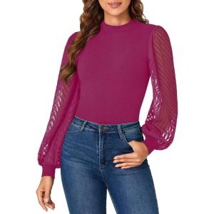 imageLYANER Womens Casual Mesh Sleeve Shirts Elegant Blouse Spring TopsPurplish Red