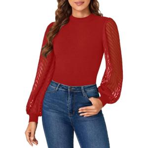 imageLYANER Womens Casual Mesh Sleeve Shirts Elegant Blouse Spring TopsRed