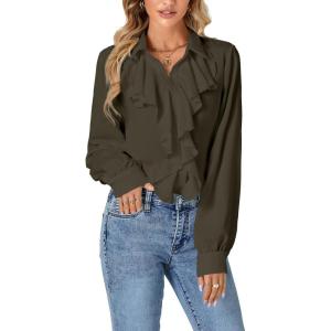 imageLYANER Womens Dressy Ruffle Blouse Long Sleeve Collar Neck Button Down Victorian Shirt TopsAmy Green