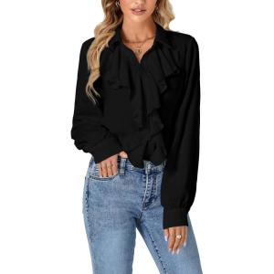 imageLYANER Womens Dressy Ruffle Blouse Long Sleeve Collar Neck Button Down Victorian Shirt TopsBlack