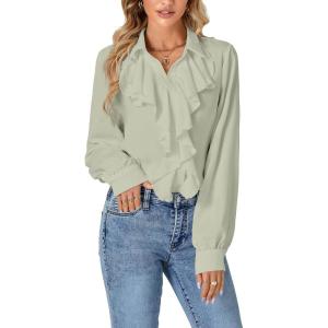 imageLYANER Womens Dressy Ruffle Blouse Long Sleeve Collar Neck Button Down Victorian Shirt TopsLight Green