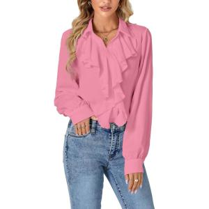 imageLYANER Womens Dressy Ruffle Blouse Long Sleeve Collar Neck Button Down Victorian Shirt TopsPink