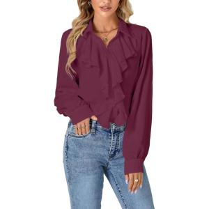 imageLYANER Womens Dressy Ruffle Blouse Long Sleeve Collar Neck Button Down Victorian Shirt TopsPlum Purple