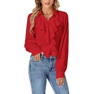 imageLYANER Womens Dressy Ruffle Blouse Long Sleeve Collar Neck Button Down Victorian Shirt TopsRed