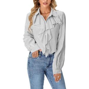 imageLYANER Womens Dressy Ruffle Blouse Long Sleeve Collar Neck Button Down Victorian Shirt TopsStriped Black