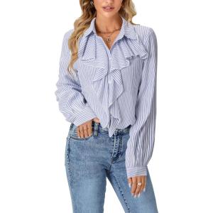 imageLYANER Womens Dressy Ruffle Blouse Long Sleeve Collar Neck Button Down Victorian Shirt TopsStriped Blue