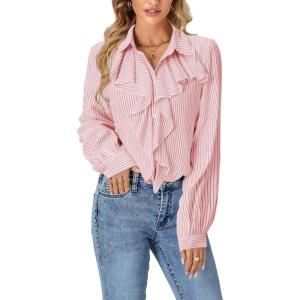 imageLYANER Womens Dressy Ruffle Blouse Long Sleeve Collar Neck Button Down Victorian Shirt TopsStriped Red