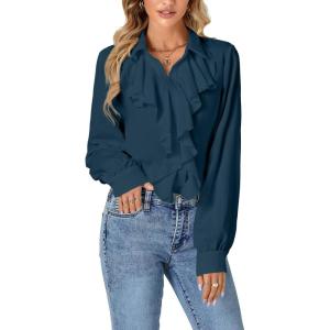 imageLYANER Womens Dressy Ruffle Blouse Long Sleeve Collar Neck Button Down Victorian Shirt TopsTeal Blue