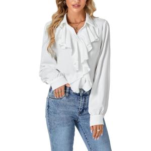 imageLYANER Womens Dressy Ruffle Blouse Long Sleeve Collar Neck Button Down Victorian Shirt TopsWhite