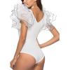imageLYANER Womens Layer Ruffle Butterfly Sleeve V Neck Stretchy Party Skinny Bodysuit Romper LeotardPure White