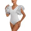 imageLYANER Womens Layer Ruffle Butterfly Sleeve V Neck Stretchy Party Skinny Bodysuit Romper LeotardPure White
