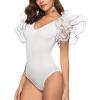 imageLYANER Womens Layer Ruffle Butterfly Sleeve V Neck Stretchy Party Skinny Bodysuit Romper LeotardPure White