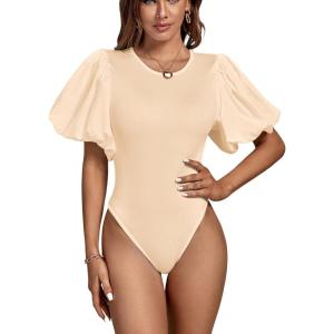 imageLYANER Womens Casual Round Neck Puff Short Sleeve Leotard Bodysuit Tops Beige Medium