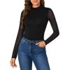 imageLYANER Womens Basic Mock Neck Stretch Sheer Mesh Long Sleeve Bodysuit Leotard TopBlack