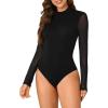 imageLYANER Womens Basic Mock Neck Stretch Sheer Mesh Long Sleeve Bodysuit Leotard TopBlack