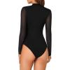 imageLYANER Womens Basic Mock Neck Stretch Sheer Mesh Long Sleeve Bodysuit Leotard TopBlack