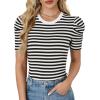 imageLYANER Womens Short Puff Sleeve Cotton Tops Crew Neck Striped Shirt Blouse Trendy Going Out TopsWhite