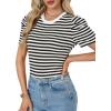 imageLYANER Womens Short Puff Sleeve Cotton Tops Crew Neck Striped Shirt Blouse Trendy Going Out TopsWhite