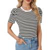 imageLYANER Womens Short Puff Sleeve Cotton Tops Crew Neck Striped Shirt Blouse Trendy Going Out TopsWhite