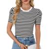 imageLYANER Womens Short Puff Sleeve Cotton Tops Crew Neck Striped Shirt Blouse Trendy Going Out TopsWhite