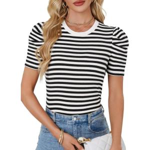 imageLYANER Womens Short Puff Sleeve Cotton Tops Crew Neck Striped Shirt Blouse Trendy Going Out TopsWhite
