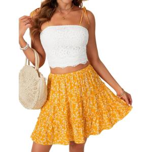 imageLYANER Womens Summer 2 Piece Outfits Tie Shoulder Cami Lace Crop Top with Floral Mini Skirt SetYellow