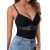 imageLYANER Womens Floral Lace Deep V Neck Bodysuit Sheer Mesh Spaghetti Strap Cami Tops LeotardBlack