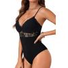 imageLYANER Womens Floral Lace Deep V Neck Bodysuit Sheer Mesh Spaghetti Strap Cami Tops LeotardBlack