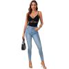 imageLYANER Womens Floral Lace Deep V Neck Bodysuit Sheer Mesh Spaghetti Strap Cami Tops LeotardBlack
