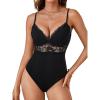 imageLYANER Womens Floral Lace Deep V Neck Bodysuit Sheer Mesh Spaghetti Strap Cami Tops LeotardBlack