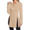 imageLYANER Womens Button Down Shirt Dress Collar V Neck Long Sleeve Slit Sexy Shirt DressesBeige