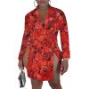 imageLYANER Womens Button Down Shirt Dress Collar V Neck Long Sleeve Slit Sexy Shirt DressesFloral Red