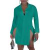 imageLYANER Womens Button Down Shirt Dress Collar V Neck Long Sleeve Slit Sexy Shirt DressesPeacock Green