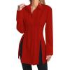imageLYANER Womens Button Down Shirt Dress Collar V Neck Long Sleeve Slit Sexy Shirt DressesRed