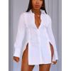 imageLYANER Womens Button Down Shirt Dress Collar V Neck Long Sleeve Slit Sexy Shirt DressesWhite