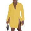 imageLYANER Womens Button Down Shirt Dress Collar V Neck Long Sleeve Slit Sexy Shirt DressesYellow